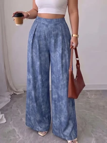 Elenzga Plus Size Women's Geometric Digital Print Wide Leg Pants, Loose Comfortable Casual Versatile Trousers - Multicolor - View 1