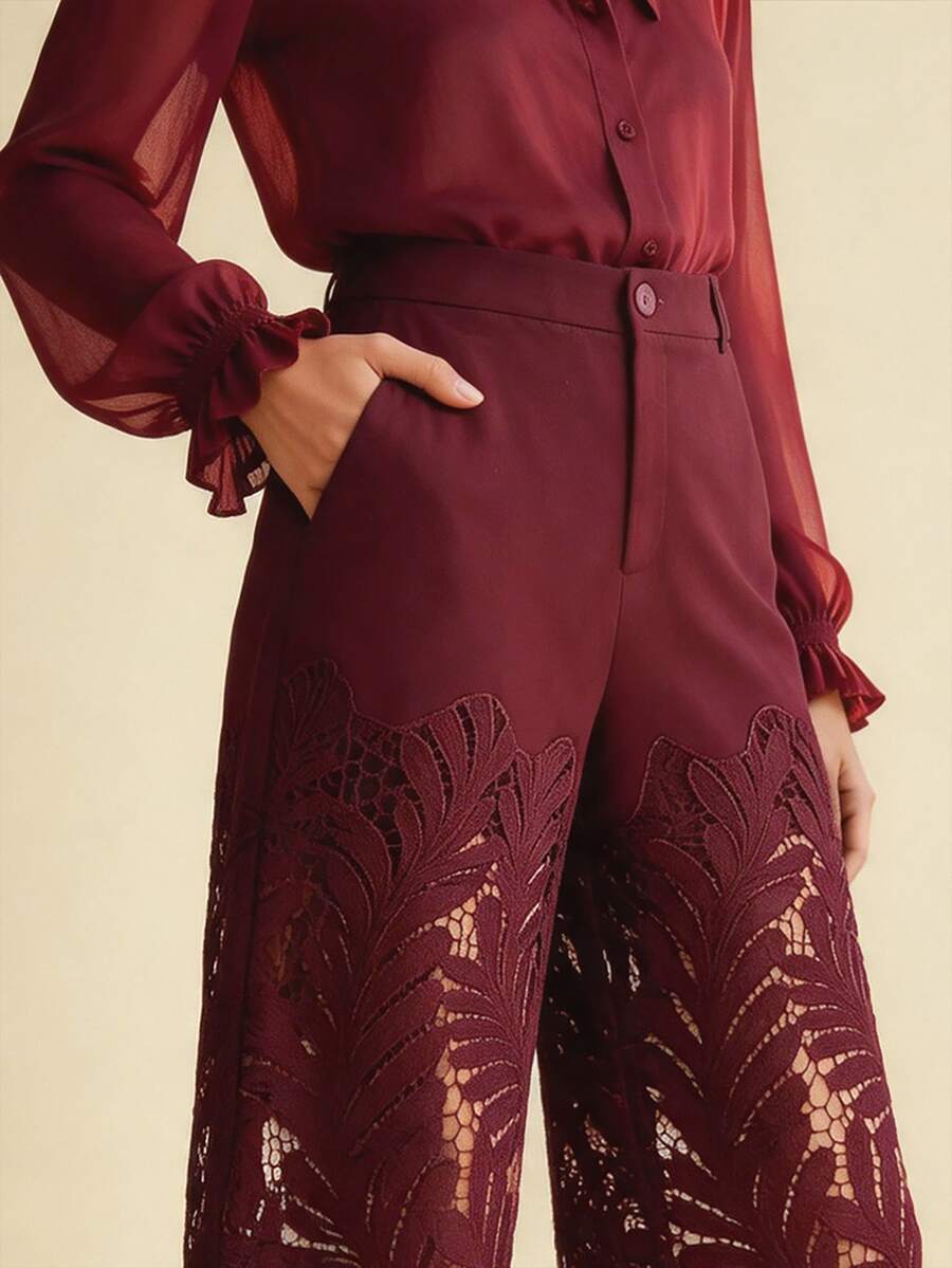 Anewsta Women's New Blazer Patchwork Asymmetrical Hollow Floral Lace Fashion Versatile Long Pants - Burgundy - View 1