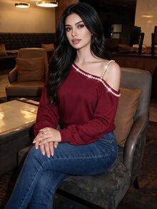 Modelyn 女款春夏秋冬時尚優雅酒紅色單肩珍珠飾邊長袖衛衣 寬鬆露肩套頭衫 適合約會、派對、購物、外出 - 酒紅色 - 查看 5