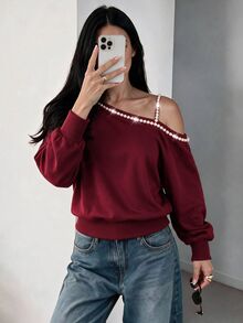 Modelyn 女款春夏秋冬時尚優雅酒紅色單肩珍珠飾邊長袖衛衣 寬鬆露肩套頭衫 適合約會、派對、購物、外出 - 酒紅色 - 查看 8