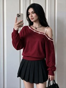 Modelyn 女款春夏秋冬時尚優雅酒紅色單肩珍珠飾邊長袖衛衣 寬鬆露肩套頭衫 適合約會、派對、購物、外出 - 酒紅色 - 查看 2
