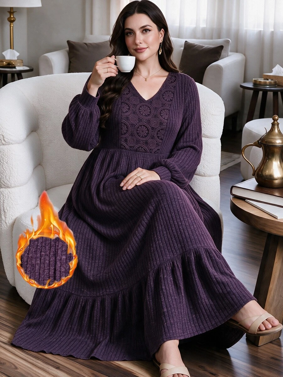 Lacomfia Đầm mặc nhà giữ ấm nữ cổ chữ V tay dài eo chiết gấu bèo nhún cho mùa Thu/Đông size lớn - Màu tím - Xem 1