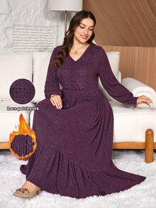 Lacomfia Đầm mặc nhà giữ ấm nữ cổ chữ V tay dài eo chiết gấu bèo nhún cho mùa Thu/Đông size lớn - Màu tím - Xem 7