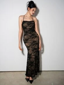 SHEIN ICON Women's Fashion Sexy Lace Camisole Top & Backless Dress 2-Piece Set - Black - View 6