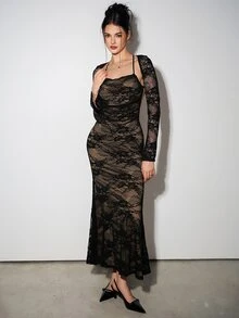 SHEIN ICON Women's Fashion Sexy Lace Camisole Top & Backless Dress 2-Piece Set - Black - View 8