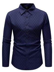 Calvornis Men's Navy Blue Autumn Elegant Office Shirt,Luxury Business Casual Solid Color Button Long Sleeve Formal Designer Shirts For Men, Ceremony - Navy Blue - View 4