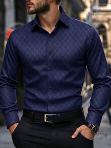 Calvornis Men's Navy Blue Autumn Elegant Office Shirt,Luxury Business Casual Solid Color Button Long Sleeve Formal Designer Shirts For Men, Ceremony - Navy Blue - View 1
