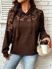 SHEIN Clasi 大尺碼女款性感透視蕾絲連帽收口薄款衛衣 秋季 - 棕色 - 查看 6