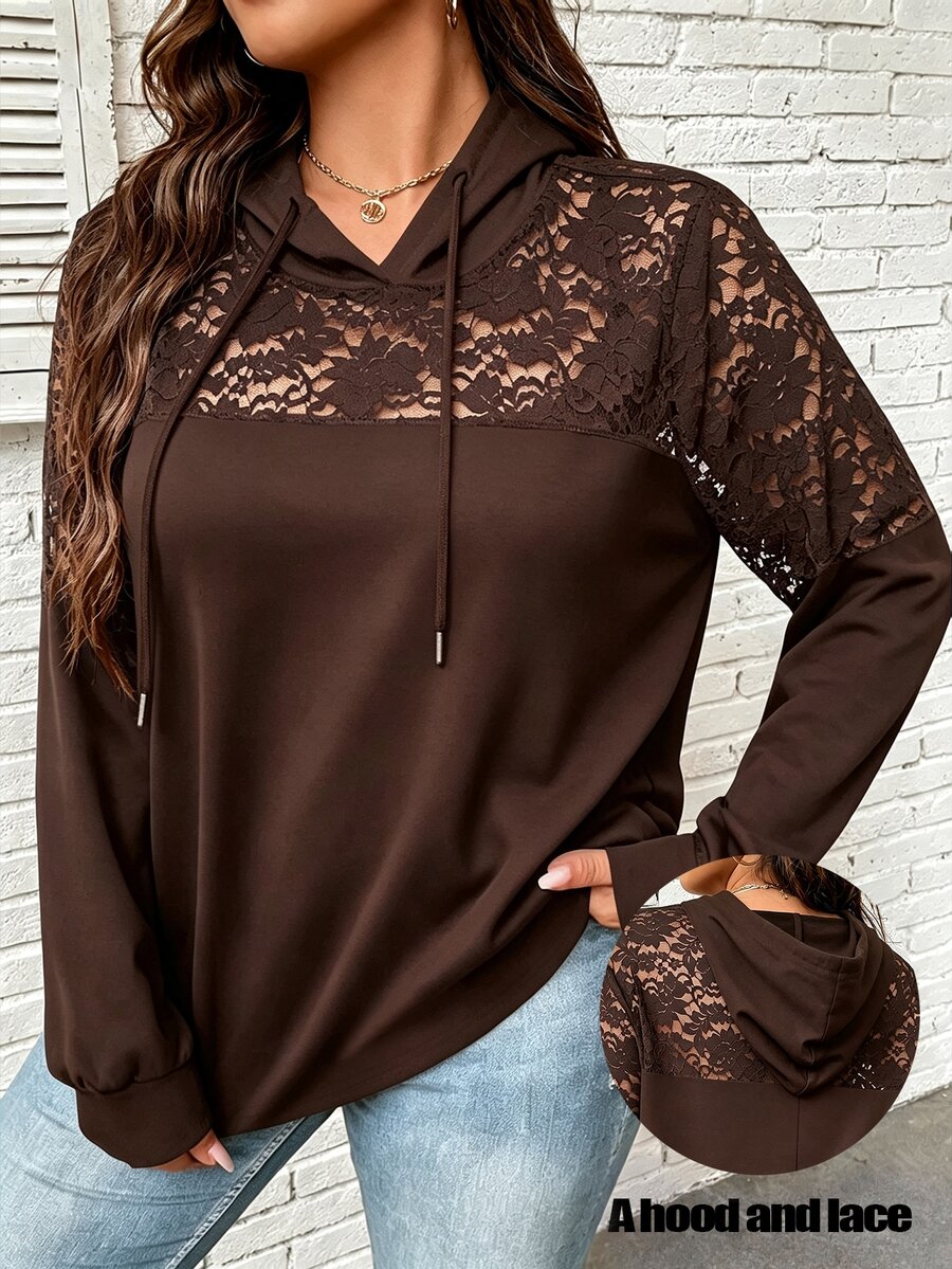 SHEIN Clasi 大尺碼女款性感透視蕾絲連帽收口薄款衛衣 秋季 - 棕色 - 查看 1