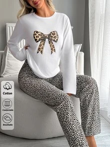 SHEIN Women Brown Leopard Bow Print Long Sleeve Top & Leopard Print Pants Soft Pajama Set - Brown - View 7