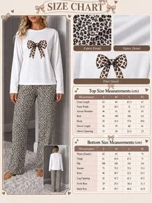 SHEIN Women Brown Leopard Bow Print Long Sleeve Top & Leopard Print Pants Soft Pajama Set - Brown - View 5