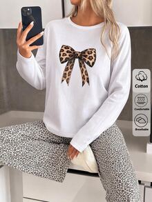 SHEIN Women Brown Leopard Bow Print Long Sleeve Top & Leopard Print Pants Soft Pajama Set - Brown - View 3