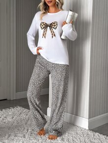 SHEIN Women Brown Leopard Bow Print Long Sleeve Top & Leopard Print Pants Soft Pajama Set - Brown - View 4