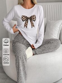 SHEIN Women Brown Leopard Bow Print Long Sleeve Top & Leopard Print Pants Soft Pajama Set - Brown - View 1