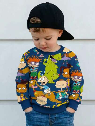 Nick 90s | SHEIN Rugrats Boys Cartoon Print Crew Neck Sweatshirt, Long Sleeve Pullover, Casual Loose Fit Sweatshirt, Boys Sportswear Suitable For Spring Autumn Daily Wear And Outdoor Activities In Autumn And Winter