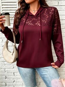SHEIN Clasi 大尺碼女款性感透視蕾絲連帽收口輕量運動衫 - 酒紅色 - 查看 3