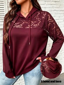 SHEIN Clasi 大尺碼女款性感透視蕾絲連帽收口輕量運動衫 - 酒紅色 - 查看 1