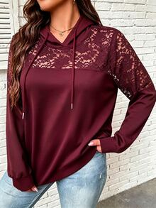 SHEIN Clasi 大尺碼女款性感透視蕾絲連帽收口輕量運動衫 - 酒紅色 - 查看 7