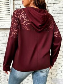 SHEIN Clasi 大尺碼女款性感透視蕾絲連帽收口輕量運動衫 - 酒紅色 - 查看 2