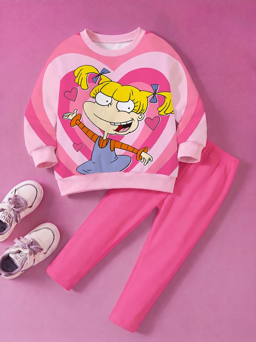 Nick 90s | SHEIN 女童 2 件套,Angelica 卡通角色印花愛心圖案長袖運動衫 + 內搭褲,針織面料春/秋季風格,適合日常穿著、返校、外出,玫瑰紅 - 玫紅色 - 查看 1