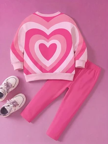 Nick 90s | SHEIN 女童 2 件套，Angelica 卡通角色印花愛心圖案長袖運動衫 + 內搭褲，針織面料春/秋季風格，適合日常穿著、返校、外出，玫瑰紅 - 玫紅色 - 查看 2