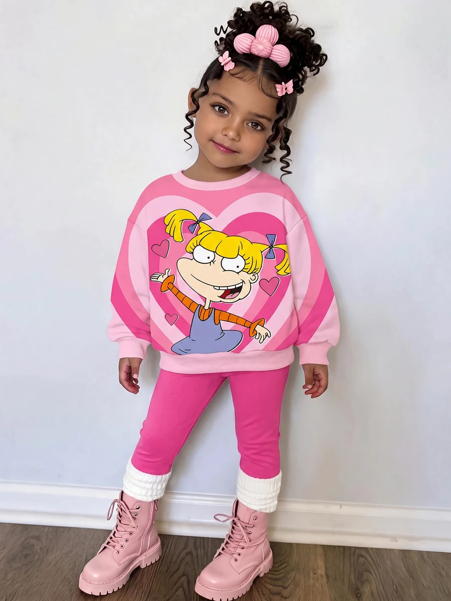Nick 90s | SHEIN Girls 2 Pieces Set, Angelica Cartoon Character Print Heart Pattern Long Sleeve Sweatshirt + Leggings, Knitted Fabric Spring/Autumn Style, Suitable For Daily Wear, Back To School, Outings, Rose Red - Hot Pink - View 1