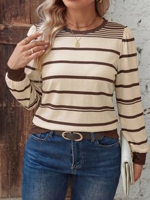SHEIN LUNE Fashion Casual Retro Round Neck Puff Long Sleeve, Yellow Base With Brown Stripe Print Plus Size T-Shirt - Multicolor - View 4