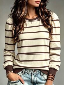 SHEIN LUNE Fashion Casual Retro Round Neck Puff Long Sleeve, Yellow Base With Brown Stripe Print Plus Size T-Shirt - Multicolor - View 1
