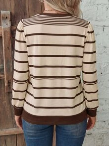 SHEIN LUNE Fashion Casual Retro Round Neck Puff Long Sleeve, Yellow Base With Brown Stripe Print Plus Size T-Shirt - Multicolor - View 2