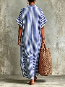 Linhara CURVE Women's Striped Short-Sleeve Shirt Dress,Summer Boho Holiday And Everyday Casual Wear - Blue - View 2