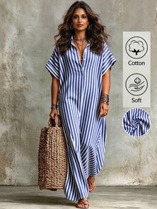 Linhara CURVE Women's Striped Short-Sleeve Shirt Dress,Summer Boho Holiday And Everyday Casual Wear - Blue - View 1