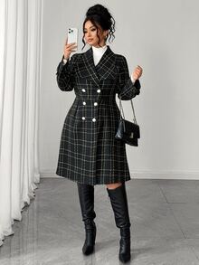 GlowEve CURVE Women's Fashion Elegant Large Lapel Long Sleeve Double-Breasted Waist-Cinching A-Line Plaid Jacket, Suitable For Daily Commute Wear Fall - Black - View 8
