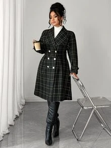 GlowEve CURVE Women's Fashion Elegant Large Lapel Long Sleeve Double-Breasted Waist-Cinching A-Line Plaid Jacket, Suitable For Daily Commute Wear Fall - Black - View 10
