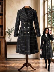 GlowEve CURVE Women's Fashion Elegant Large Lapel Long Sleeve Double-Breasted Waist-Cinching A-Line Plaid Jacket, Suitable For Daily Commute Wear Fall - Black - View 3