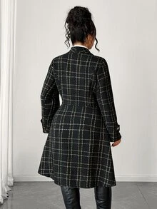 GlowEve CURVE Women's Fashion Elegant Large Lapel Long Sleeve Double-Breasted Waist-Cinching A-Line Plaid Jacket, Suitable For Daily Commute Wear Fall - Black - View 2
