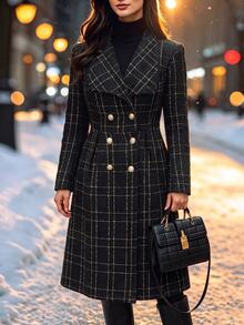 GlowEve CURVE Women's Fashion Elegant Large Lapel Long Sleeve Double-Breasted Waist-Cinching A-Line Plaid Jacket, Suitable For Daily Commute Wear Fall - Black - View 1