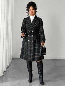 GlowEve CURVE Women's Fashion Elegant Large Lapel Long Sleeve Double-Breasted Waist-Cinching A-Line Plaid Jacket, Suitable For Daily Commute Wear Fall - Black - View 7