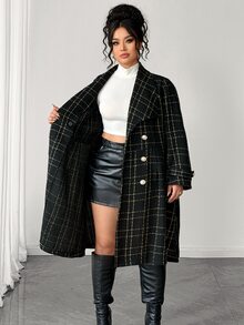 GlowEve CURVE Women's Fashion Elegant Large Lapel Long Sleeve Double-Breasted Waist-Cinching A-Line Plaid Jacket, Suitable For Daily Commute Wear Fall - Black - View 5
