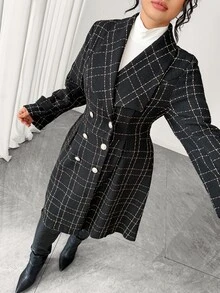 GlowEve CURVE Women's Fashion Elegant Large Lapel Long Sleeve Double-Breasted Waist-Cinching A-Line Plaid Jacket, Suitable For Daily Commute Wear Fall - Black - View 9
