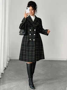 GlowEve CURVE Women's Fashion Elegant Large Lapel Long Sleeve Double-Breasted Waist-Cinching A-Line Plaid Jacket, Suitable For Daily Commute Wear Fall - Black - View 4