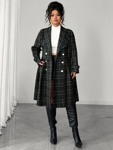 GlowEve CURVE Women's Fashion Elegant Large Lapel Long Sleeve Double-Breasted Waist-Cinching A-Line Plaid Jacket, Suitable For Daily Commute Wear Fall - Black - View 6