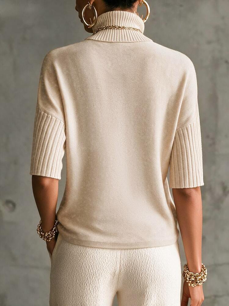 SHEIN New Spring Fall Sophisticated Turtleneck Knit Top Women Ribbed Cuff Elbow Sleeve Relaxed Straight Hem - Beige - View 2