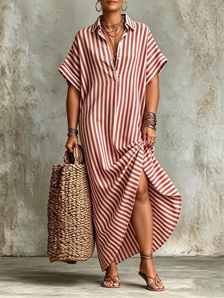 Linhara CURVE Plus-Size Women's Comfort Cotton Striped Short-Sleeve Shirt Dress,Summer Boho Holiday And Everyday Casual Wear - Red - View 6
