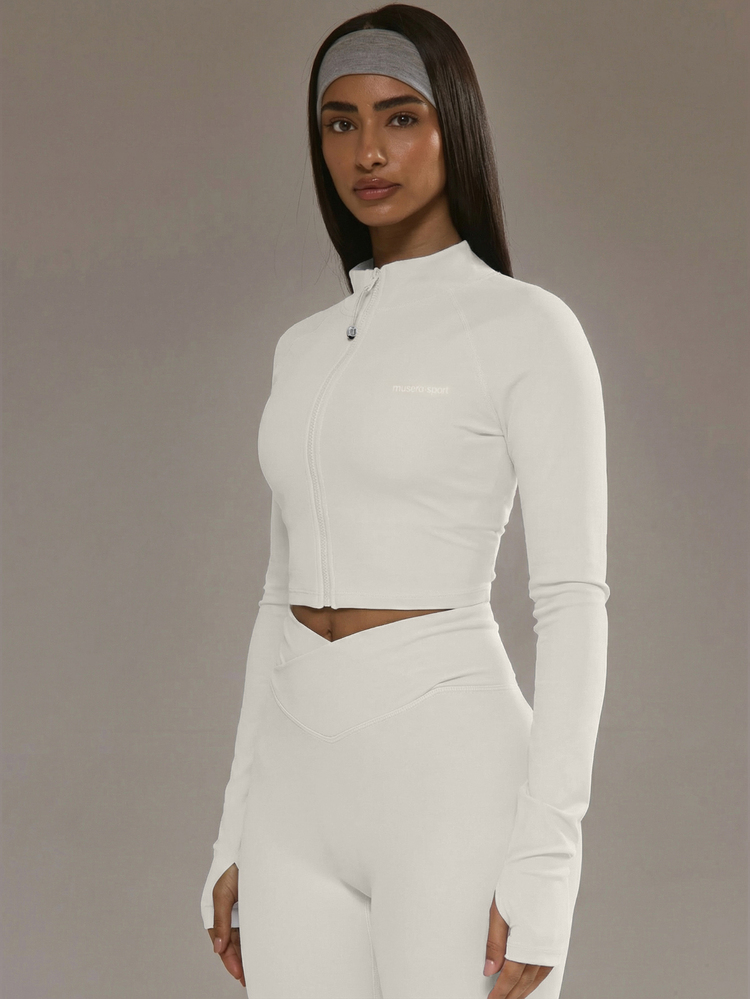 Musera Sport Cropped Zip Through BBL Jacket Only Padel Winter Activewear Sport Gym Workout - White - View 3