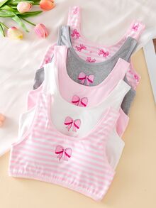 SHEIN 5件組女童兒童無袖圓領棉質套裝，秋季可愛青少年風格，粉色白色灰色條紋蝴蝶結印花，透氣加厚，Y2K寬鬆款 - 彩色 - 查看 4
