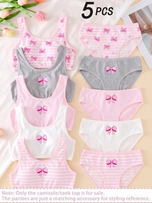 SHEIN 5件組女童兒童無袖圓領棉質套裝，秋季可愛青少年風格，粉色白色灰色條紋蝴蝶結印花，透氣加厚，Y2K寬鬆款 - 彩色 - 查看 2