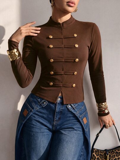 Structelle Women's Autumn/Winter Fashion Casual Solid Color Napoleon Style Stand Collar Regular Shoulder Long Sleeve T-Shirt, Suitable For Daily Commute And Home Leisure