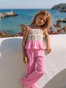 SHEIN Young Girl Young Girl Woven Solid Color Camisole Top And Long Pants 2 Pieces Set - Pink - View 3