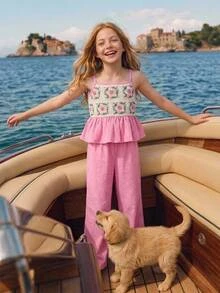 SHEIN Young Girl Young Girl Woven Solid Color Camisole Top And Long Pants 2 Pieces Set - Pink - View 16
