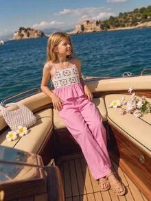 SHEIN Young Girl Young Girl Woven Solid Color Camisole Top And Long Pants 2 Pieces Set - Pink - View 4